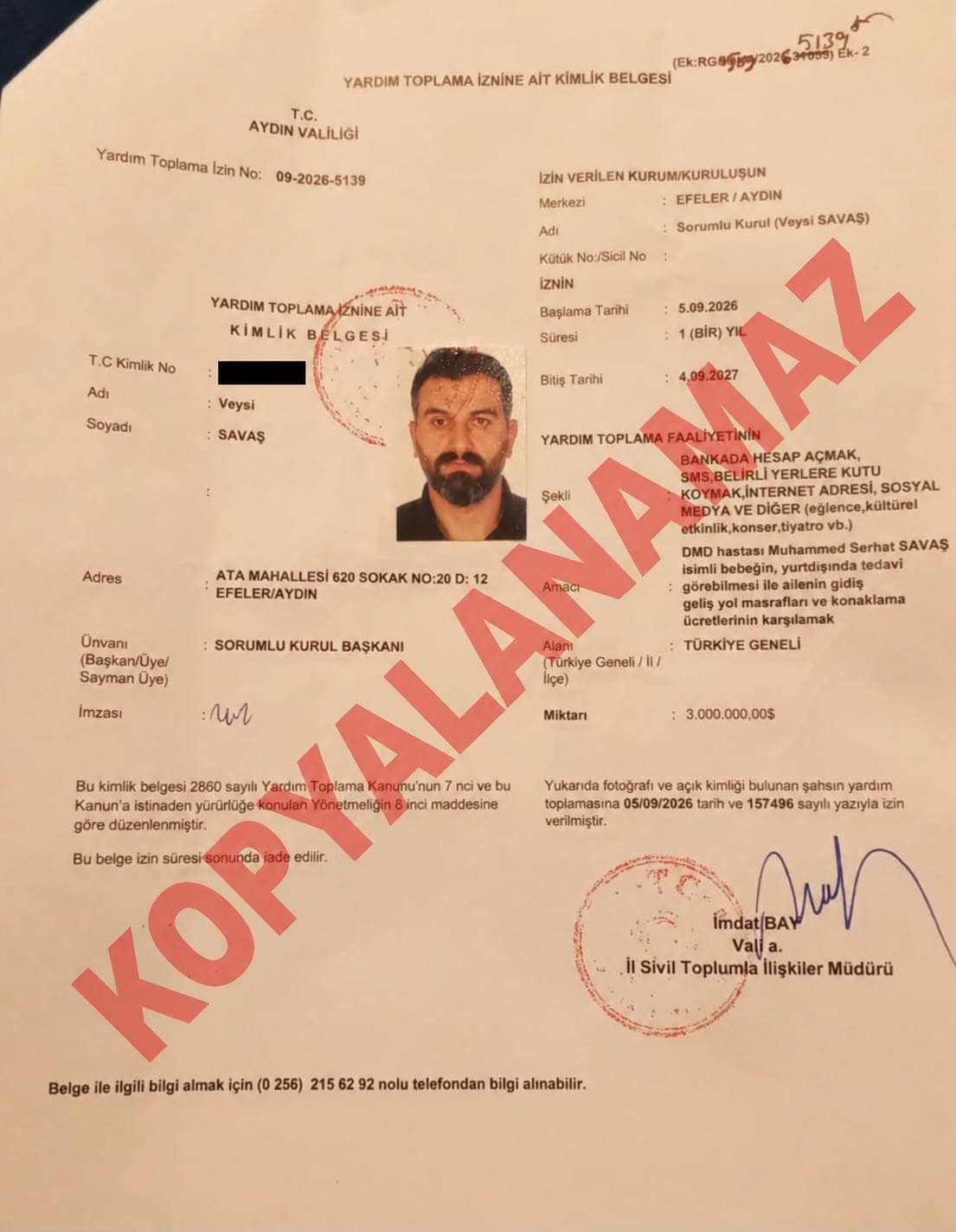 T.C. Aydın Valiliği tarafından Veysi Savaş adına düzenlenen yardım toplama izin belgesi